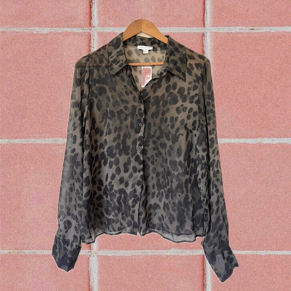 Topshop Leopard Print Sheer Black/Green Button Down Blouse
